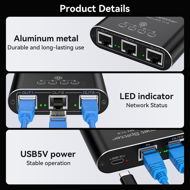 Ethernet Splitter 1 to 4 1000Mbps Internet Splitter Supports Simultaneous Networking of 4 Devices Works with Cat5/5e/6/7/8 Cable Ethernet Splitter 1 to 4