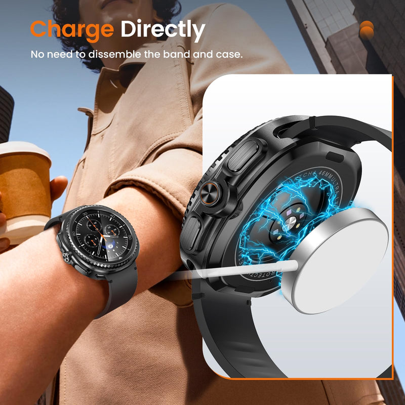 LETOID Metal Case for Samsung Galaxy Watch 8 Classic Screen Protector 46mm | 3-in-1 Full Protective Accessories, Stainless Steel Bumper Face, Hard PC Back Cover and 9H Tempered Glass Film Black Galaxy Watch 8 Classic - 46mm