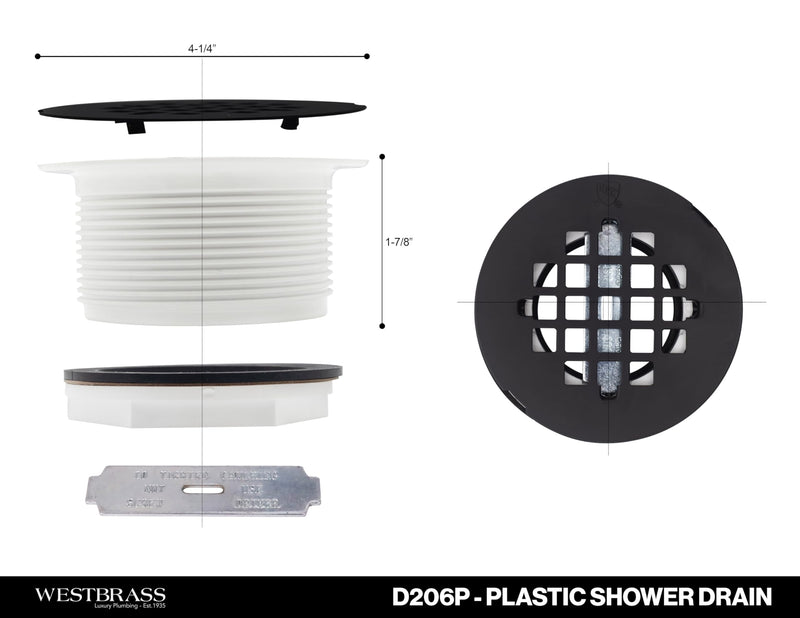 Westbrass D206P-01 2" No-Caulk PVC Compression Shower Drain with 4-1/4" Round Grid Cover, Polished Brass 1-Pack