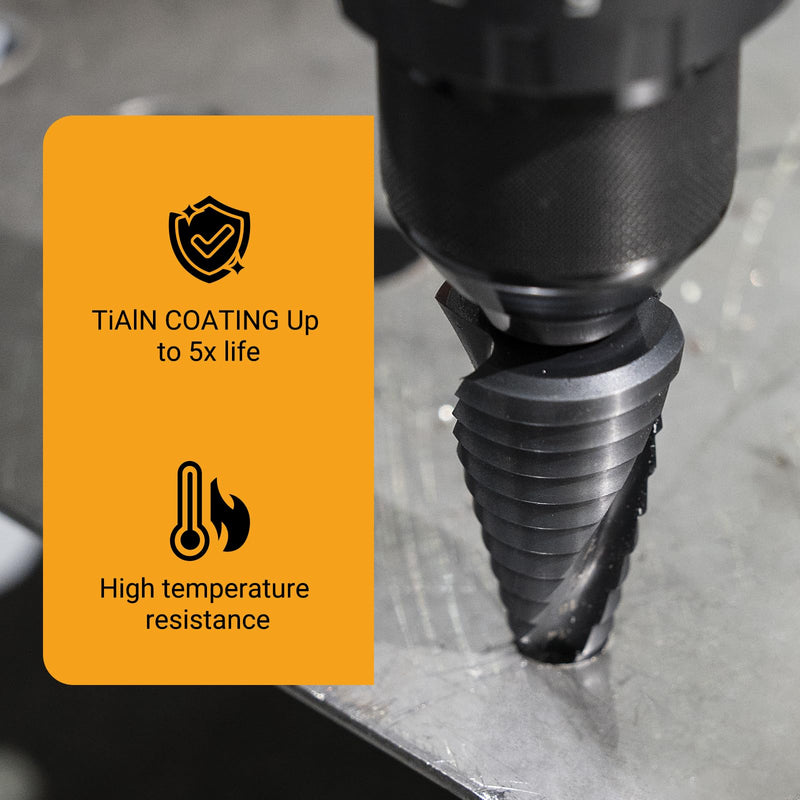M35 Cobalt HSS Step Drill Bit, Nano TiAlN Coating with Spiral Flute, 18 Steps 3/16"–1-1/4", 3/8" Tri-Flatted Shank for Stainless Steel, Metal, Wood & Plastic Black