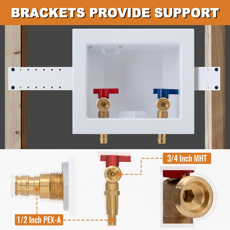 SUNGATOR Pex A Washer Box, 1/2 Inch Pex A Expansion Inlet x 3/4 Inch MHT Outlet, Washing Machine Laundry Outlet Box with Brass Valves Installed and 4 Expansion Rings