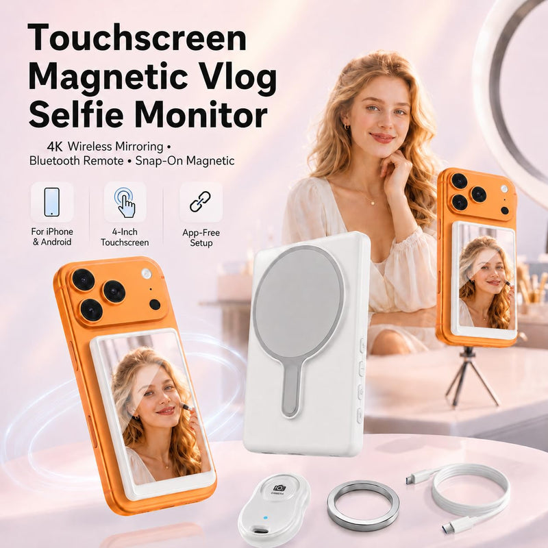 4'' Touchscreen Magnetic Vlog Selfie Monitor for iPhone & Android, 4K Wireless Mirroring Back Camera Screen with Bluetooth Remote Control, Portable Phone Display for YouTube, TikTok, Live Streaming