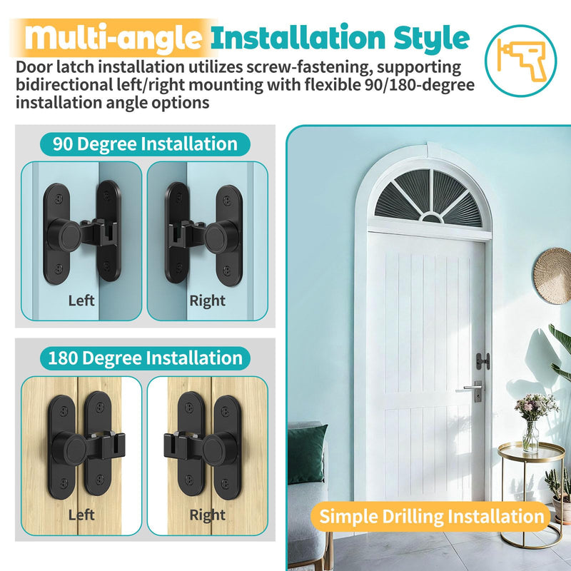 90/180 Degree Barn Door Lock, Zinc Alloy Flip Gate Latches Hardware for Bathroom, Bedroom, Fence, Garage, Cabinet, Outdoor – Home Security & Privacy Sliding Door Latch Lock (Black-2PCS) Black-2PCS