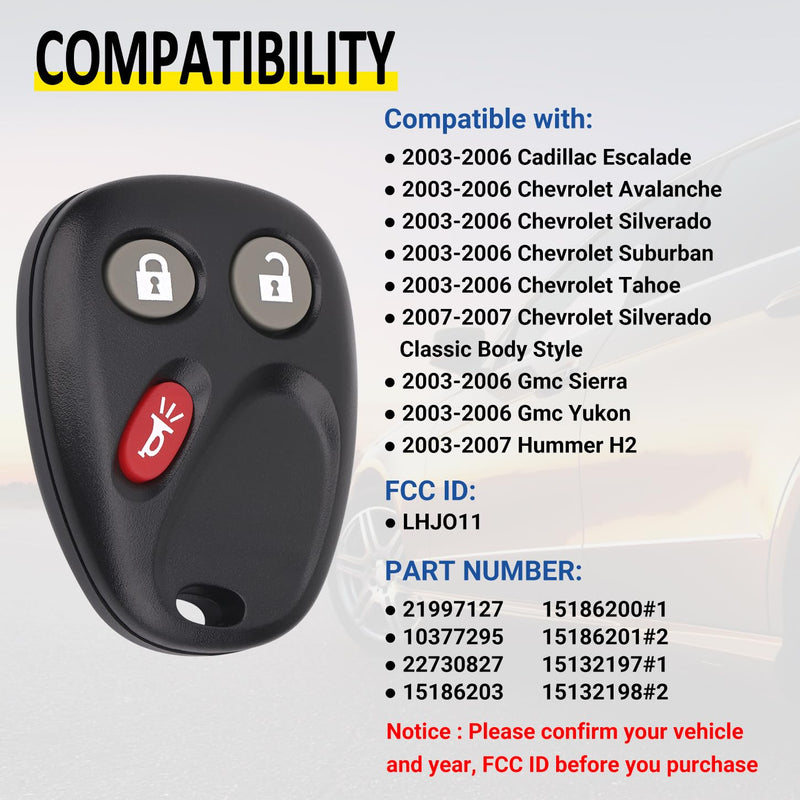 Key Fob Replacement for 2003-2006 Chevy Silverado Suburban Avalanche Tahoe SSR Equinox/ 03-06 Gmc Sierra Yukon XL/ 03-06 Hummer H2/ 04-07 Saturn Vue/ 03-06 Escalade Car Keyless, LHJ011, 3 Btn