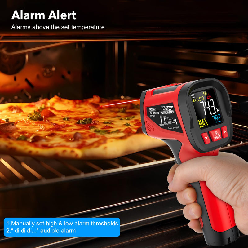 Infrared Thermometer Gun, Digital Laser Temperature Gun with Probe, -40°F~1472°F Non-Contact IR Thermometer with Adjustable Emissivity for Cooking, Pizza Oven, Griddle, Grill & Meat Red IR06 PRO -40℉~1472℉(-40℃~800℃)