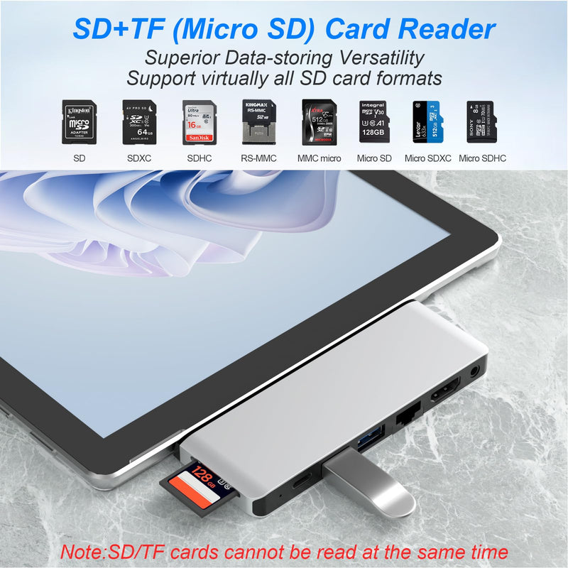 Surface Pro 11/10/9 Hub, Microsoft Surface Pro 9 USB C Hub with 4K HDMI, USB-C Thunderbolt 4(8K@30Hz Video+40Gbps Data+100W PD), RJ45, 2*USB 3.0, Audio, SD/TF Card Slot, for Surface Pro 11/10/9