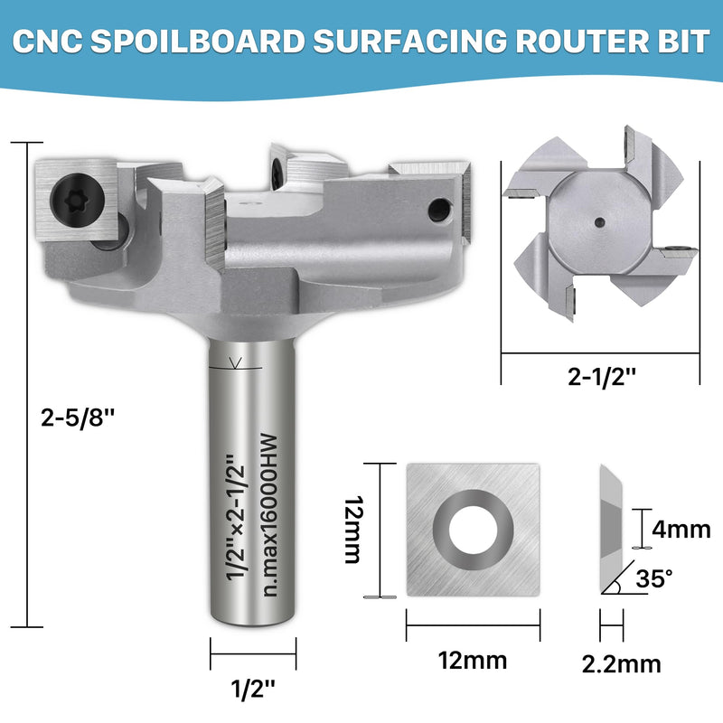 KEENTECH 1/2" Shank 2-1/2" CNC Spoilboard Surfacing Router Bit – Industrial-Grade Carbide Tipped, 4-Wing Replaceable Inserts, Slab Flattening Bit for Woodworking, Planing & Bottom Cleaning 1/2" Shank-2-1/2" Dia (4 Inserts)