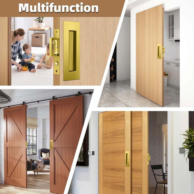 6-Inch Pocket Door Hardware Set - Complete 304 Stainless Steel Kit with Pop-Out Ring Pocket Door Handle, Edge Pull,Door Thickness Minimum 1 7/14 inches Gold