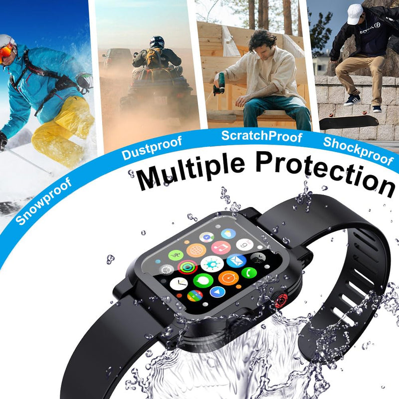 for Apple Watch Waterproof Case 38mm 42mm 40mm 44mm 41mm 45mm, IP68 Waterproof Case for iWatch Series 8 7 6 5 4 3 2 SE SE2, 360° Water proof Shockproof Smartwatch Bumper with Band,Black 38mm waterproof case