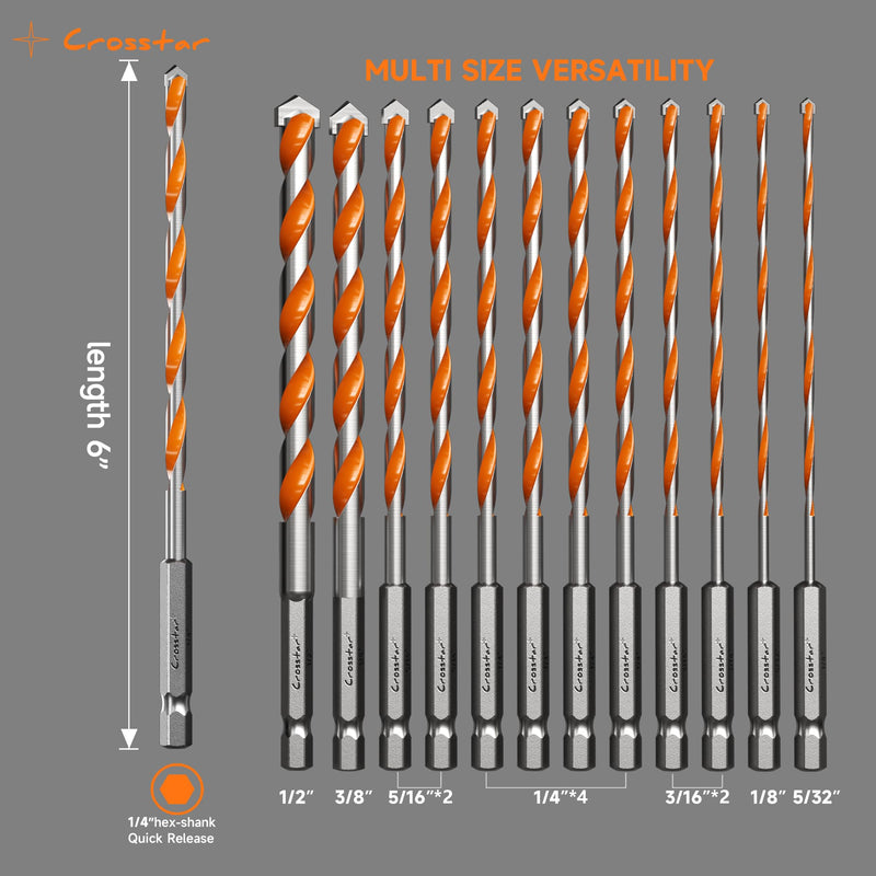 Crosstar 12PCS Carbide Masonry Drill Bits Set Hex Shank with Dust Collector Bowl - for Concrete, Tile, Brick, Glass, Plastic & Cement,5/32"-1/2" Sizes,Heavy-Duty for Home Improvement & DIY Projects