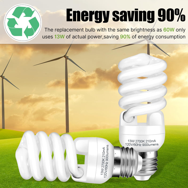 E26 CFL Light Bulbs 13Watt, T2 Spiral Soft White 2700K 900lm E26 Medium Base Compact Fluorescent Light Bulbs, UL Approved, 120v 60Hz, Self Ballasted CFL Bulbs (60Watt Equivalent), Pack of 12