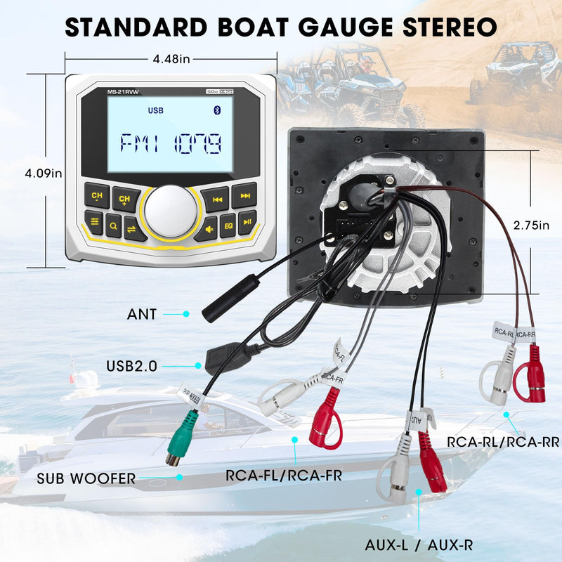 Bluetooth Boat Radio Receiver Waterproof: DOVOX Marine Gauge Stereo for Boat - 2.8 Inch LCD Display AM FM USB AUX Subwoofer for Golf Cart ATV UTV SXS Yacht White Marine MP3 Media Receiver