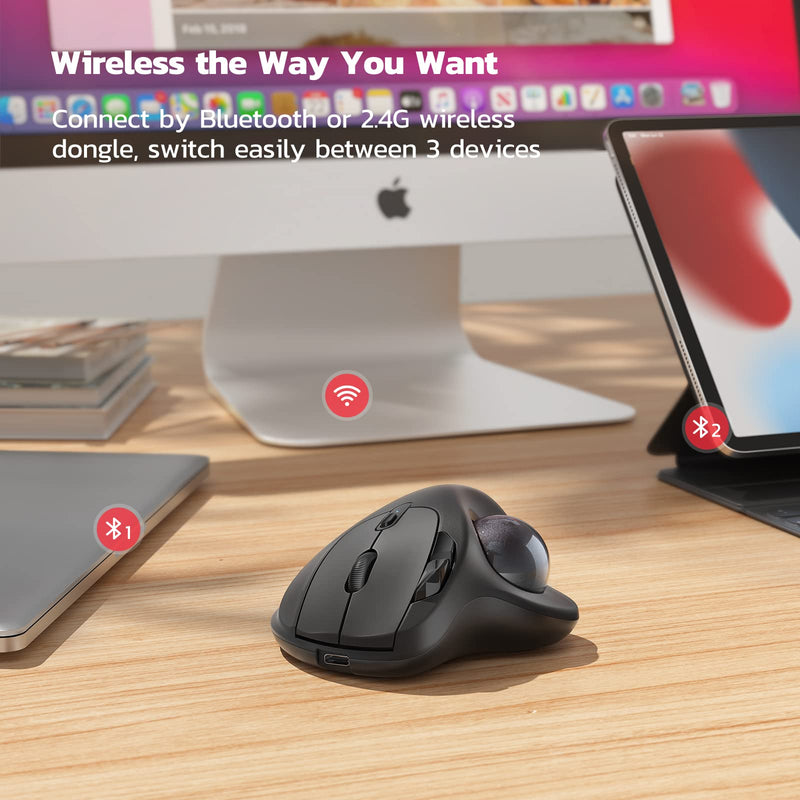 Nulea M501 Wireless Trackball Mouse, Rechargeable Ergonomic, Easy Thumb Control, Precise & Smooth Tracking, 3 Device Connection (Bluetooth or USB), Compatible for PC, Laptop, iPad, Mac, Windows. D-Black