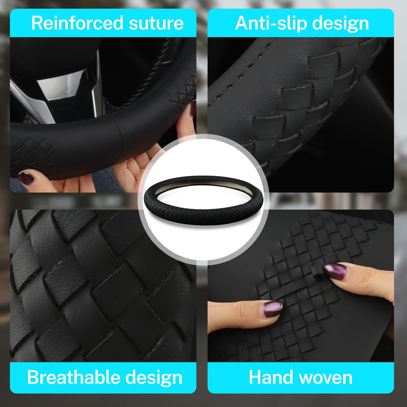 Leather Steering Wheel Cover Men，with Black Woven Pattern Car Accessories ，Anti-Slip, Safety, Soft, Breathable, Adaptable to 14.5-15 inches Steering Wheel Fit SUV， Jeep， Van，Sedan，Car Black+Woven Pattern