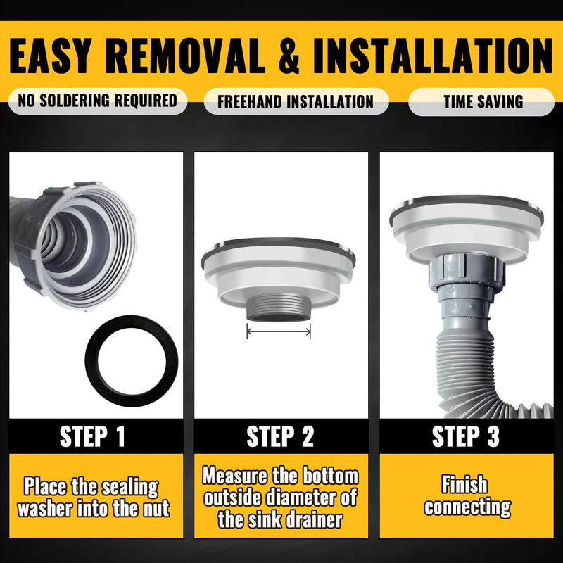 VIVIDA Double Sink Drain Pipe Kit, 1-1/2" Flexible Drain Pipe, 11"-31.5" Expandable Flexible P Trap for Double Kitchen Sink, 1-1/4" Adapter Included, Gray, 1 PACK 11" to 31.5"