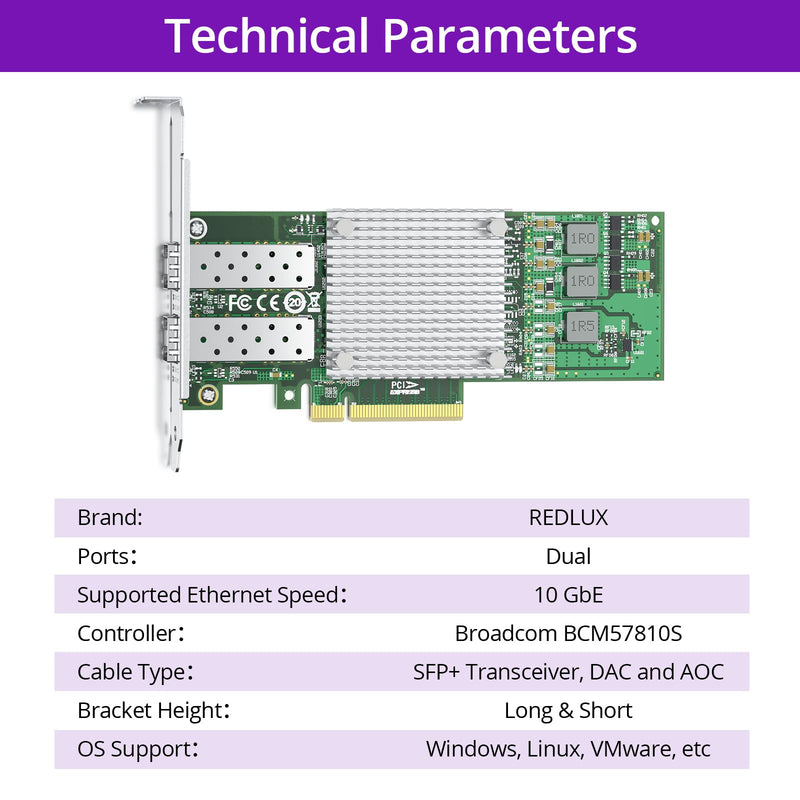 REDLUX 10GB PCI-e Network Card(NIC) with Broadcom BCM57810S Chip, Dual SFP+ Ports, Compare to Broadcom BCM57810S, PCIE 2.0 X8, Support Windows/Windows Server/Vmware Esxi 10G BCM57810 82576 (2xSFP+)