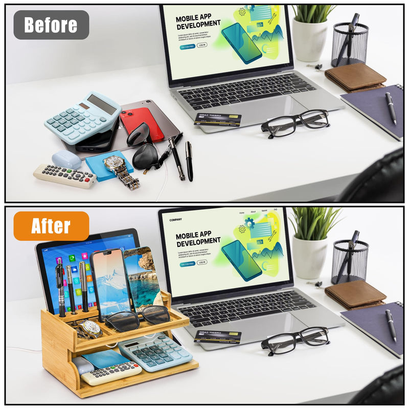 Yopay Nightstand Organizer for Men, Luxury Bamboo Phone Docking Station for Dad Husband, Charging Organizer Cell Phone Stand Tablet Stand for Boyfriend Graduation Office Father's Day