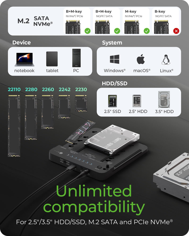 ICY BOX M.2 NVMe & SATA SSD/HDD Docking Station, USB-C 3.2 Gen 2 (10 Gbps) Hard Drive Clone Station & Reader Dual Bay for M.2 NVMe/SATA + 2.5”/3.5” SSD & HDD Converter, Offline Cloning, Tool-Free