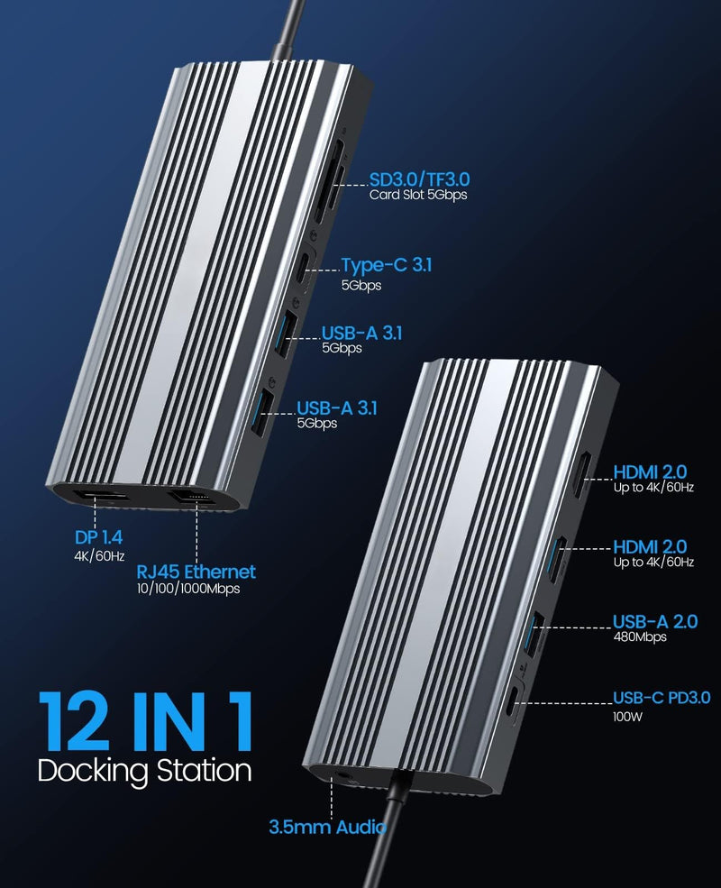 Docking Station USB C to Dual HDMI Adapter, 12 in 1 USB C Hub with Dual HDMI, DP 1.4, 100W PD, Ethernet, 2 USB-A 3.1, 1 USB 2.0, 1 Type-C 3.1, SD/TF, Audio, Compatible for Windows/Mac OS