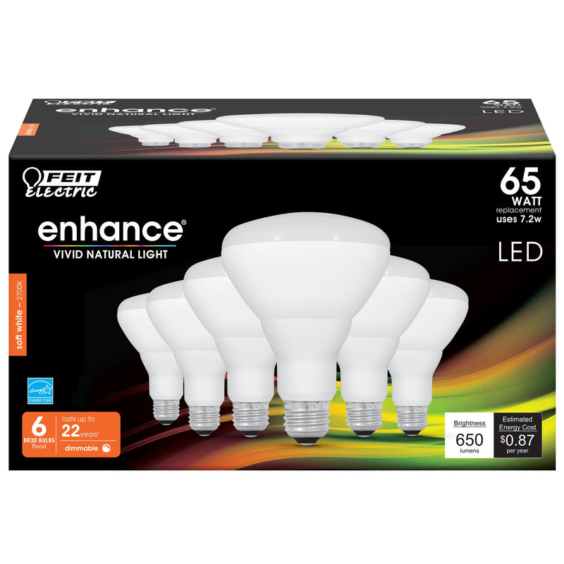 Feit Electric BR30 LED Light Bulb, 65W Equivalent, Dimmable, 650 Lumens, E26 Standard Base, 2700K Soft White, 90 CRI, Recessed Can Light Bulbs, 22-Year Lifetime, BR30DM/927CA/6, 6 Pack