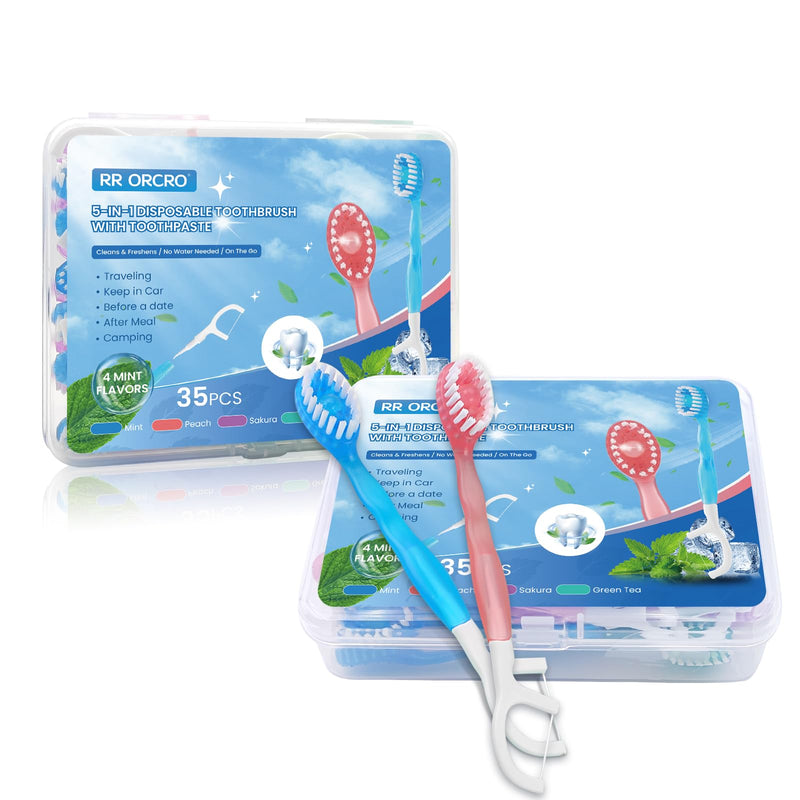 THE ORIGINAL 70Pack Mini Disposable Toothbrushes with Toothpaste Waterless | 5-in-1 Waterless Prepasted Toothbrush with Tongue Scraper+Floss+Pick, Individually Wrapped Box, 4 Flavors Travel/Camp/Hotel 70