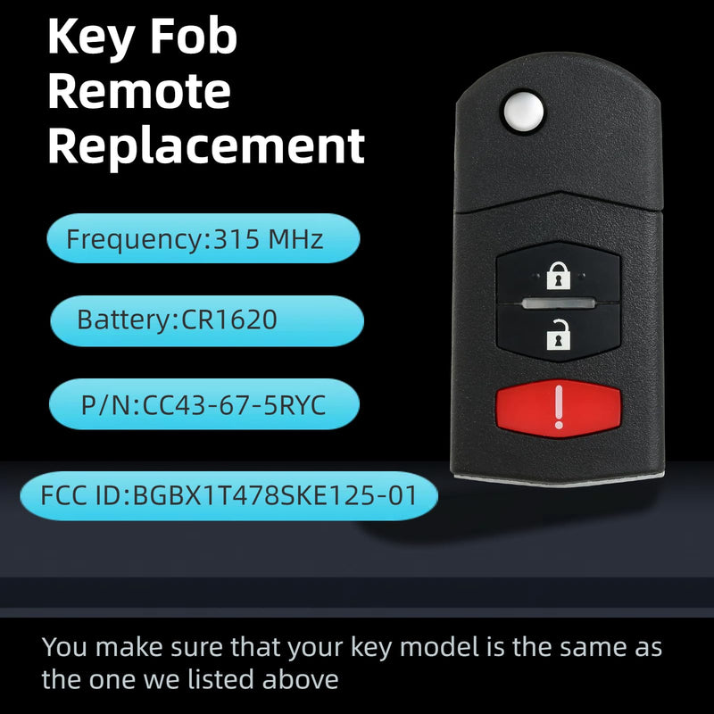 Key Fob Remote Replacement Compatible with 2006-2015 Mazda 5, 2011-2015 Mazda 2/3, 2007-2013 CX7/CX9, Keyless Entry, BGBX1T478SKE125-01, 2 Pack