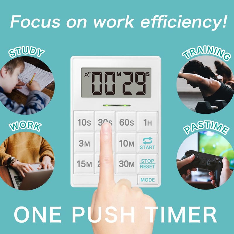 dretec One-Push Timer, Just Press, Easy, Time Saving, Interval, Silent, Kitchen Timer, Digital, Magnet, Stand, Light, Study, Muscle Training, Sports, White One push