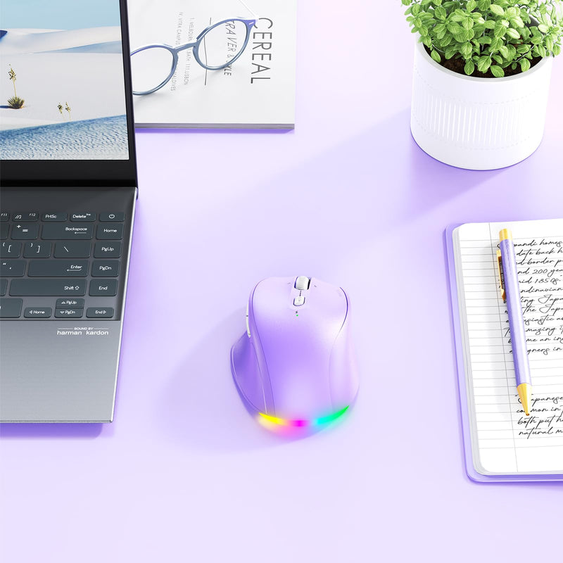 MEETION Wireless Mouse, Ergonomic Bluetooth Mouse for Laptop, Purple | Rechargeable triple-mode mouse with a 4-way tilt wheel, 800–2400 DPI, and multi-device support for Windows, Mac & PC