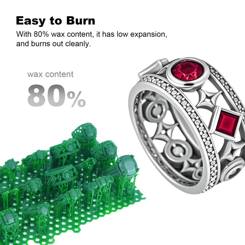 Cast100P 3D Printer Resin Castable 405nm UV Curing Resin High Precision Photopolymer Resin Easy to Print and Burn for Making Jewelry (Green, 500g) Green