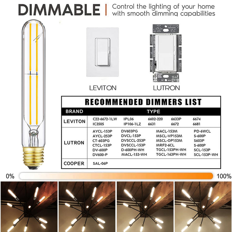 7.3 Inch E26 T10 Led Bulb 60 watt 3000k Soft White Edison Bulbs,6W E26 Long Light Bulb Tubular Light Bulb T10 Bulb T9 for Rustic Pendant,Industrial Pipe,Wall Sconces 6 Pack E26 Base(Pack of 6) 6w=60w 3000k