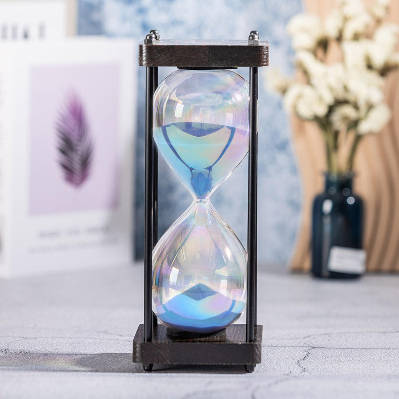 Rainbow Hourglass Timer 60 Minute, Wooden Frame Decorative Sand Timer (Blue Sand, Large Size) Blue Sand