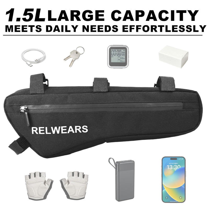 Large Bike Frame Bag 1.5L Bicycle Storage Frame Bags for Phone, Keys,Tools,Wallet,Stable Bicycle Bag for Mountain, Road,Commuter Bike
