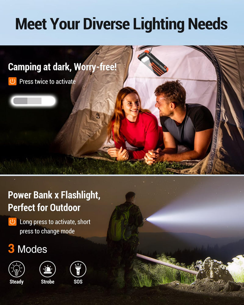 Solar Power Bank Built-in Cables Speed Charging 20000mAh Camping | Portable Charger with Camping Flashlight Outdoor External Battery Pack USB-C in/out for iPhone Samsung Android Deep Orange
