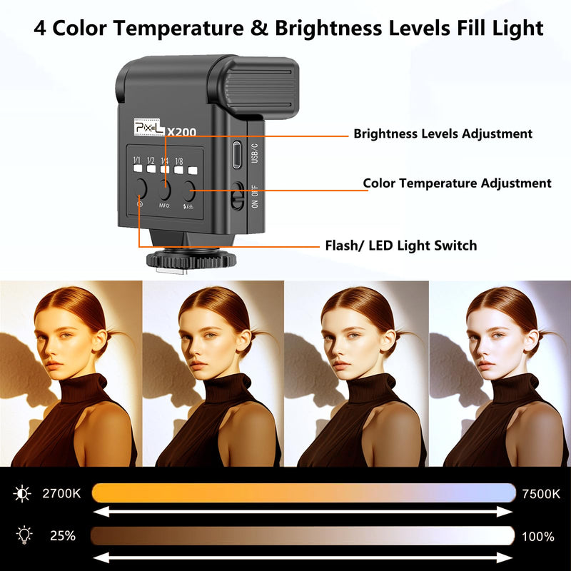 Camera Flash Speedlite for Canon Nikon Sony Fuji Pentax Olympus, with Continuous LED Light, Single Contact Hot Shoe, 4 Power Levels