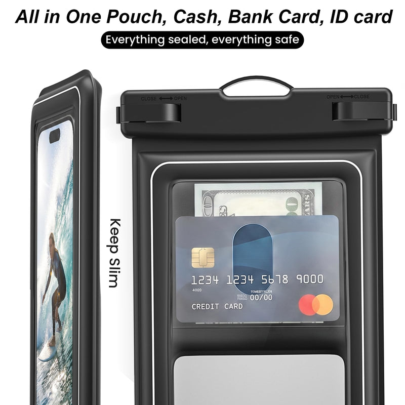 2Pack 8.5" IP68 Floating Waterproof Phone Pouch with Card Holder | Lanyard, Phone Dry Bag for iPhone 17 16 15 14 13 Pro Max, Galaxy S26 S25 S24 Ultra, Beach Cruise Travel Essentials Black