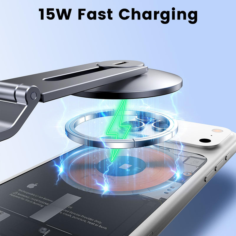 Tesla Phone Mount with 15W MagSafe Fast Charging, Foldable Hidden Car Holder for Tesla Model 3 / Y/Cybertruck, 360° Rotatable Dashboard Screen Bracket with Ultra-Strong N52 Magnets