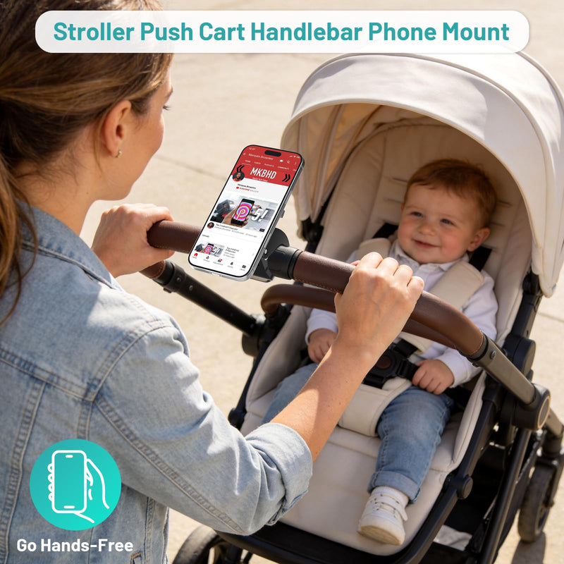 Magnetic Stroller Phone Holder Clamp Mount,20 x N52 Strong Dual Magnets | Handlebar Mount for Treadmill/Peloton/Spin Bike/Gym/Shopping/Golf Carts, Compatible with MagSafe iPhone 12–17 & Android