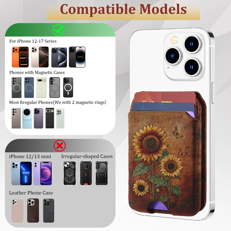 bolimoss Sunflowers Magnetic Wallet Stand,Leather Card Holder with 3 Card Slots & 2 Rings, Phone Wallet with Adjustable Stand for Phone Case,Magnetic Wallet for iPhone 17/16/15/14/13/12 Series(Brown) Fall Sunflowers