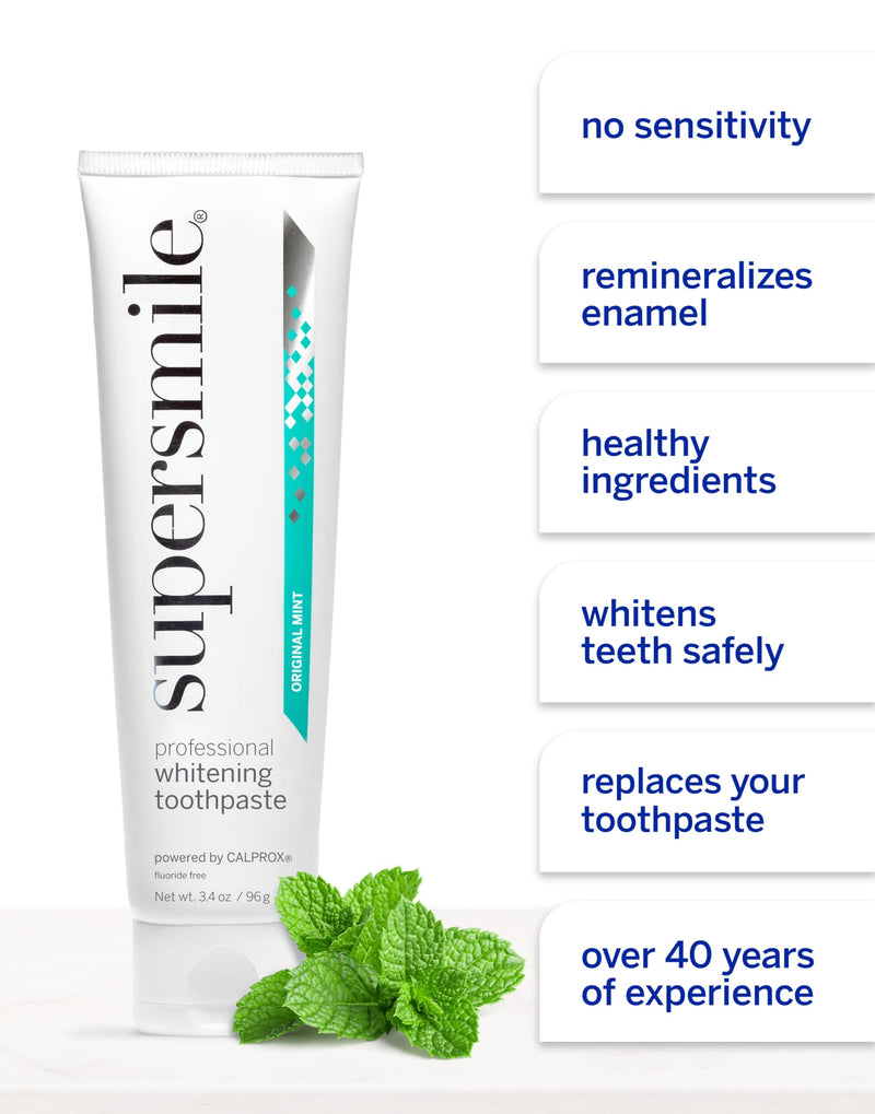 Supersmile Original Mint Fluoride-Free Whitening Toothpaste, 3.4 oz, TSA Approved Travel Size Toothpaste with Calprox®, Whitens 5.5 Shades in 7 Days, RDA 65 Low Abrasion, Enamel Safe for Veneers 3.4 Ounce (Pack of 1)