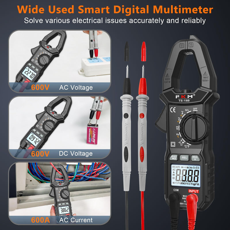 FKM Clamp Meter,TRMS 6000 Counts 600 Amp Digital Clamp Multimeter Voltage Tester,Auto-ranging Volt Meter,for AC/DC Voltage,AC Current,NCV,Capacitance,Resistance,Continuity,Hz/Duty Cycle,Diode,TempTest Black-(AC Current)Clamp Meter