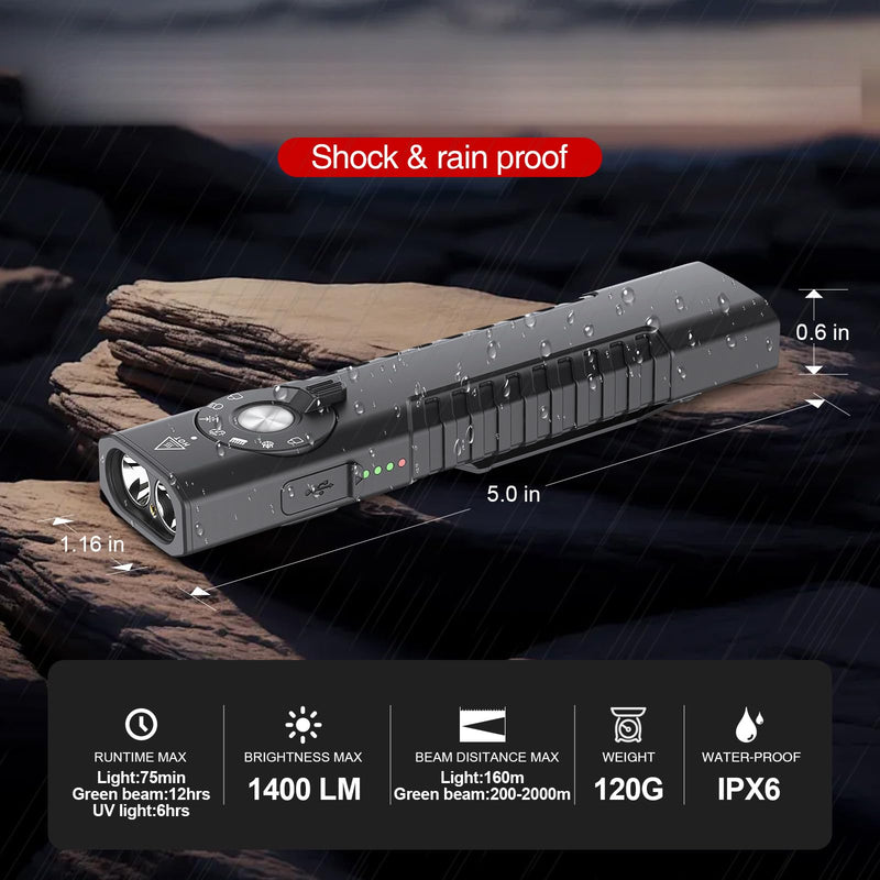 Solofish 1400 Lumens Aluminum EDC Flashlight with Green Beam, UV and 100lm Utility Light Combo, Rechargeable 4-in-1 Portable Pocket Light with Strobe for Emergency