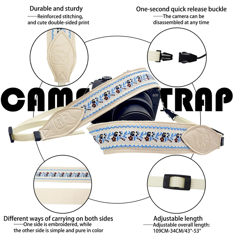 Wide Adjustable Camera Strap - Comfortable Leather Neck Shoulder Strap for DSLR/SLR Cameras, Gift for Photographers Beige Embroidery Camera Strap-11