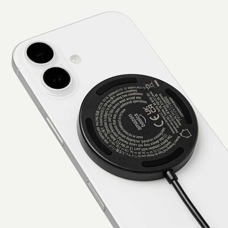 Amazon Basics 25W Qi2.2 Certified Wireless Charging Pad, MagSafe Compatible for iPhone 17/16/15/14/13/12, Magnetic Compatible for Android, Google Smartphones, Black (Adapter Not Included) 2.36x2.36x0.32 inches