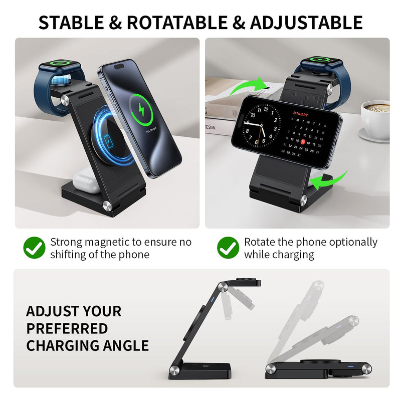 Wireless Charger iphone,3 in 1 Foldable Magnetic Wireless charging station,Travel Charger for Multiple Devices for iPhone 15/14/13/12 /Pro/Pro Max, Apple Watch Ultra/SE/9/8/7/6/5/4/3/2,Air Pods