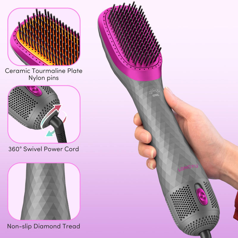 Hair Dryer Brush One Step Blow Dryer and Styler Professional 1200W Powerful Ceramic Tourmaline 3 Heat/2 Speed Settings (Gray) Gray