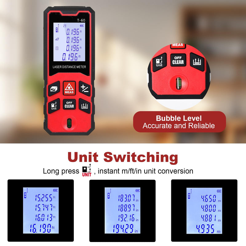 196Ft/60M Laser Distance Meter, ±1/16 Inch High Accuracy Laser Measurement Tool with Backlit LCD Display, Pythagorean/Area/Volume Calculation Mode, M/in/Ft Units, Bubble Level, Durable Design