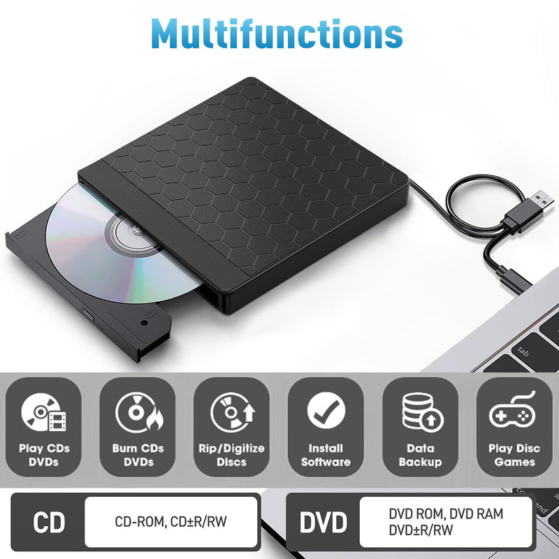 External CD DVD Drive for Laptop, CD Burner with TF/SD Card Slots, DVD Player for Laptop, USB CD DVD Drive External CD Reader Compatible with Laptop PC Desktop Windows 11/10/8.1/7 Linux Mac OS
