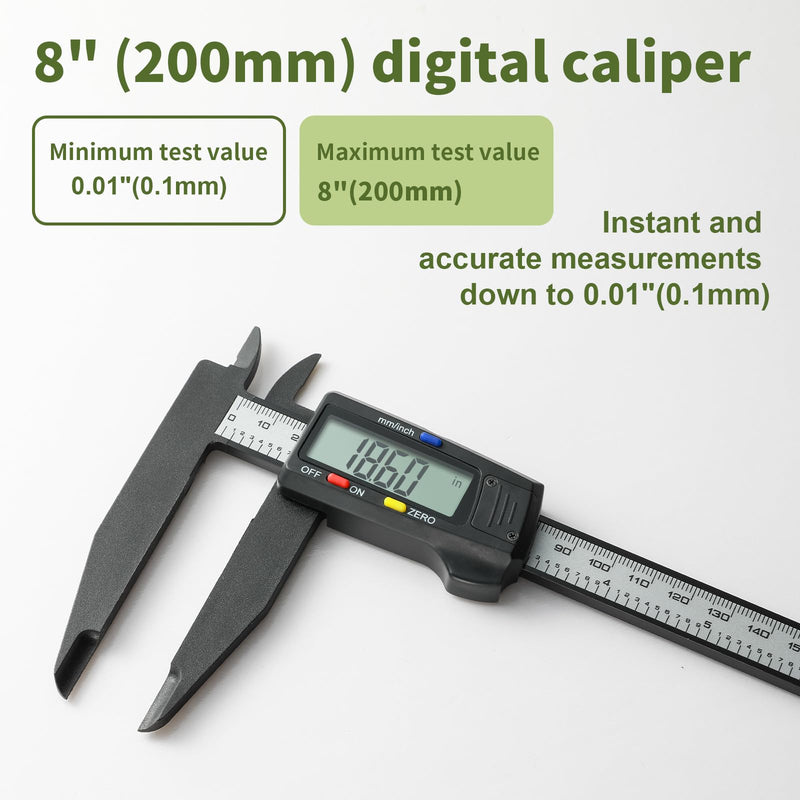 Digital Caliper 0-8" Measuring Tool, Micrometer Caliper with Auto-Off Feature, Interchangeable Between inches and millimeters for Jewelry Measurement and 3D Printing 8" Plastic
