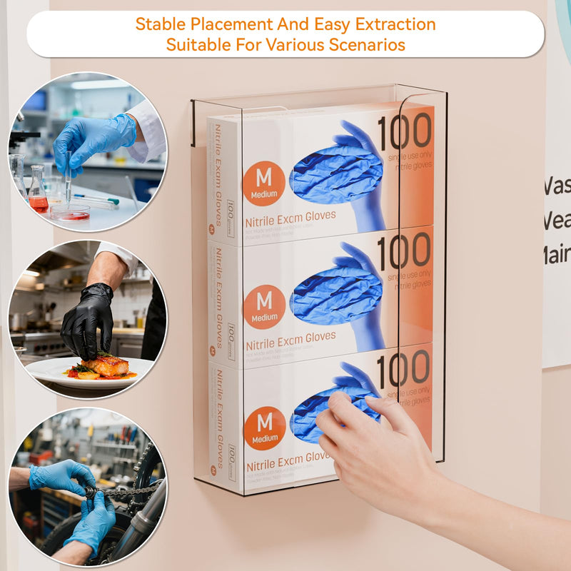 Yieach Acrylic Glove Box Holder Wall Mount With Adhesive,No Drilling Disposable Medical Rubber Glove Holder on Wall & Hanging Hospital Hair Net,Mask,Latex Gloves Dispenser,Gloves Rack & Storage,Clear 1 Large