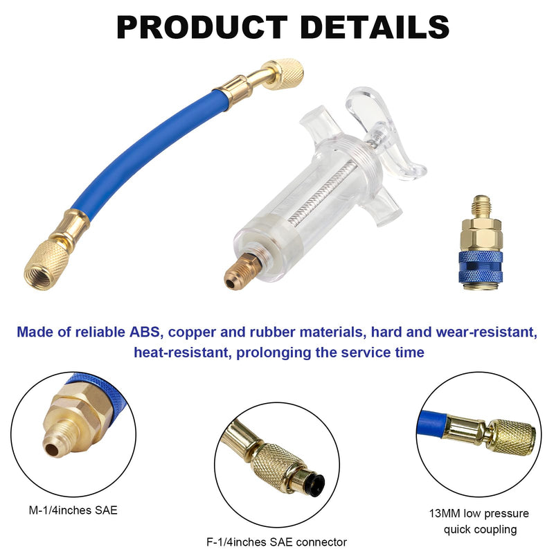 Oil and Dye Injectors Kit, 30ml/1 Oz Hand Push Oil Injector with Snap Quick Coupler 1/4" SAE Connector, Screw-in Manual AC Dye Injector Refrigerant Tools for Car HVAC System